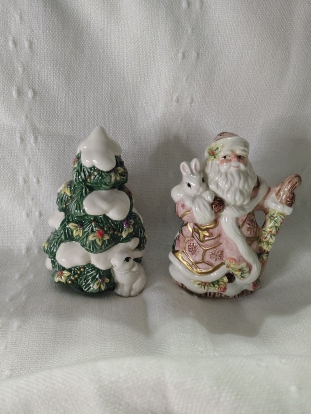 Porcelain Pink Santa and Green Snow-Capped Christmas Tree Figurine Set